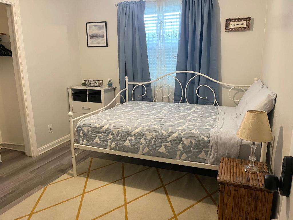 a bedroom with a bed and a window with blue curtains at Horizon Haven in Jacksonville