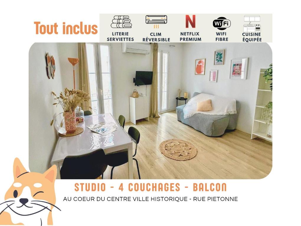 a catalogue of a living room with a dog in a room at Le Chat Orange - Clim - Tout inclus - Balcon in Aubagne