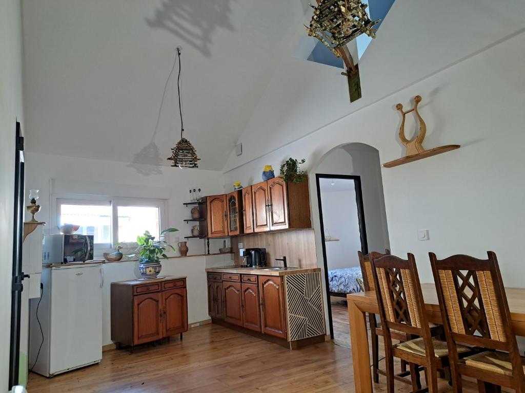 a kitchen with wooden cabinets and a white refrigerator at L'Isba in Saint-Appolinaire