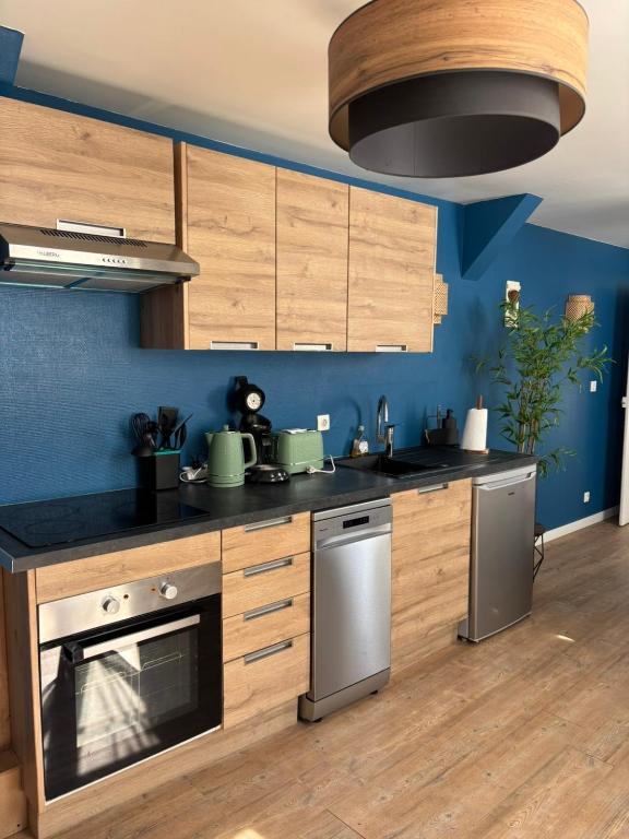 a kitchen with blue walls and wooden cabinets at Le Grand Bleu in Troyes