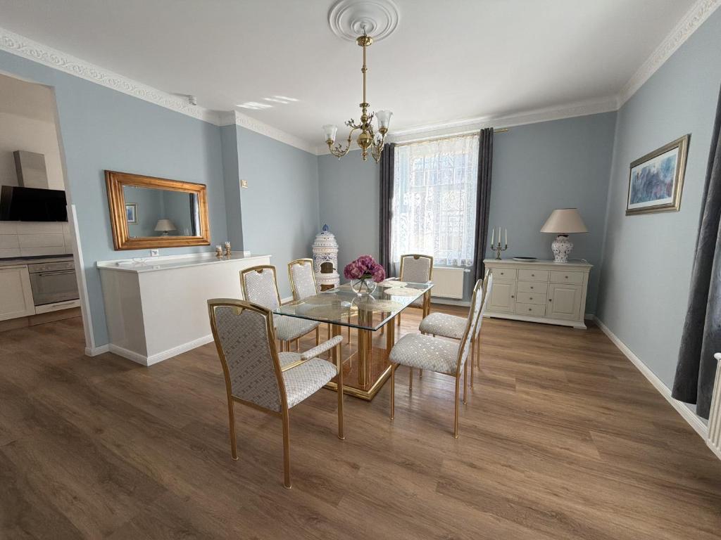 a dining room with a glass table and chairs at Stadtpalais Belle Etage - historische Villa nahe Theater und Soletherme in Bad Elster