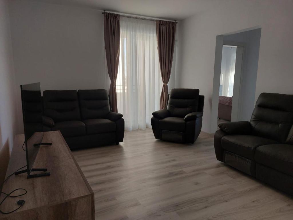 a living room with two couches and a coffee table at Romanescu Parc Apartment in Craiova