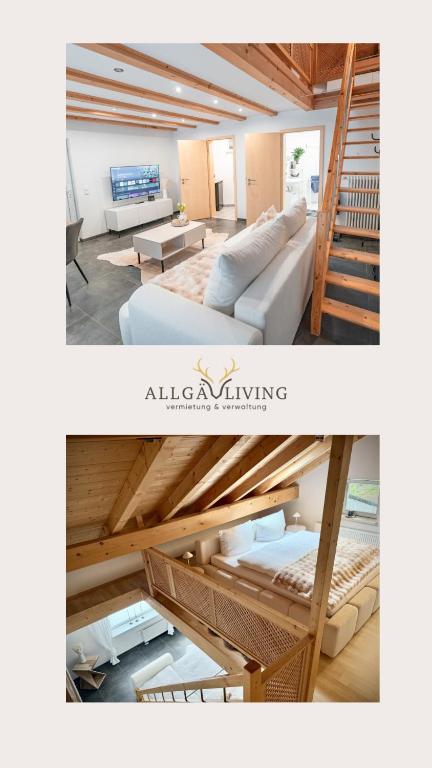 two pictures of a living room with a bed and stairs at Moderne Ferienwohnung in Immenstadt - Parkplatz & Alpsee nah in Immenstadt im Allgäu