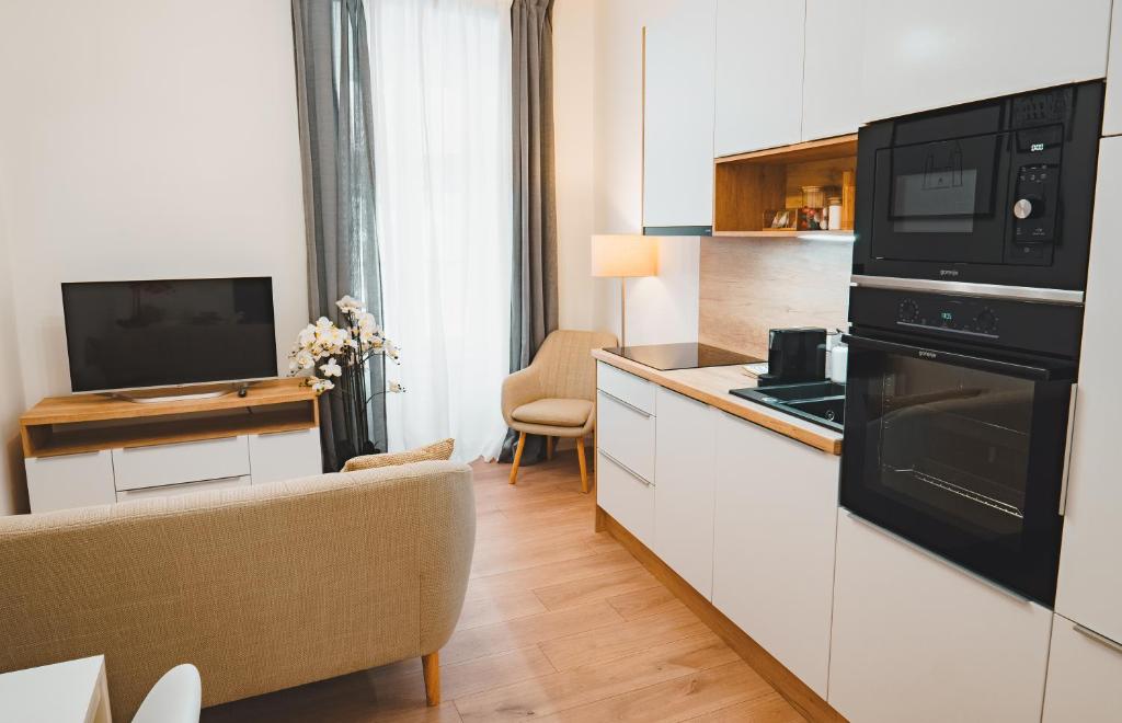 a kitchen with black appliances and a couch in a room at Tímár 18 Apartman in Pécs