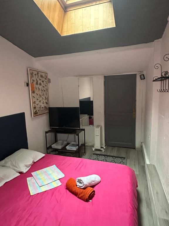 a bedroom with a pink bed with a phone on it at Venise chambre accès privé in Castres
