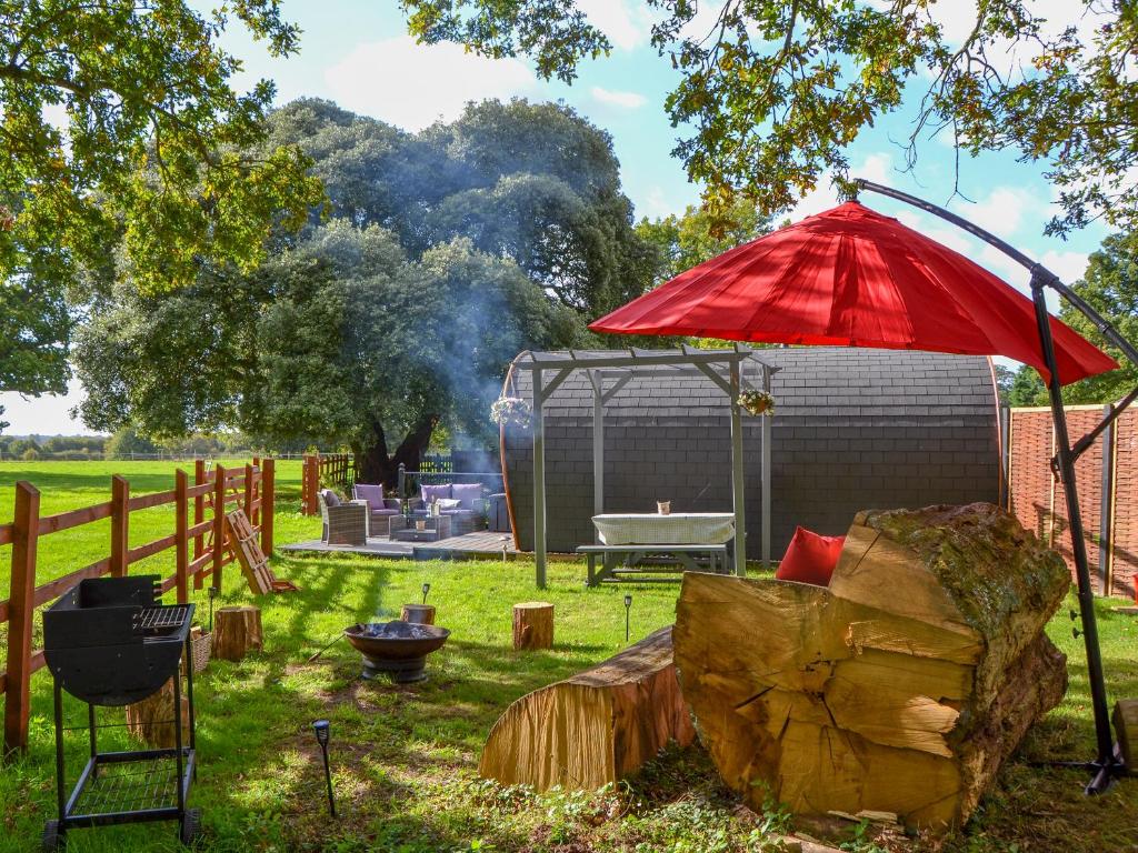 a red umbrella and a chair and a grill at Park View - Ukc4925 in Roydon