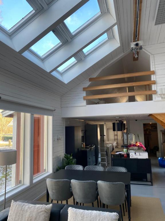 a living room with a ceiling with skylights at Mörrum, Haus 2 & 3 in Mörrum