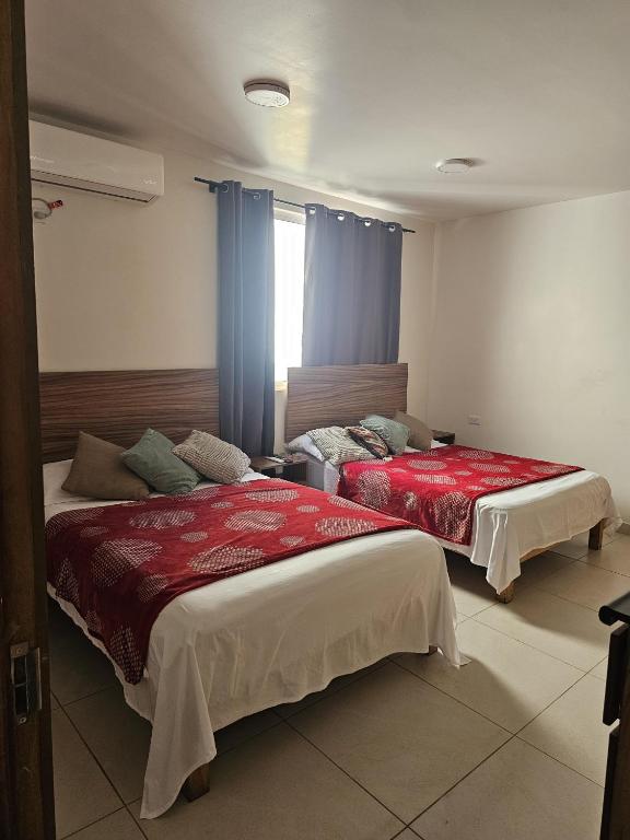 zwei Betten in einem Zimmer mit blauen Vorhängen in der Unterkunft Hotel Azalea Rooftop in Aguascalientes