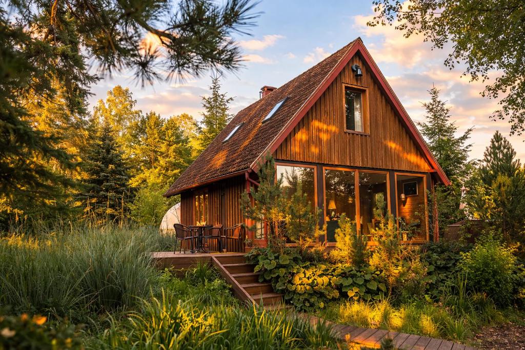a cabin in the woods with a large window at Pond View Cabin in Būda