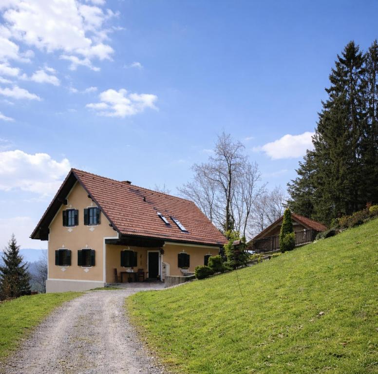 a house on a hill with a dirt road at Die Hube in Leutschach