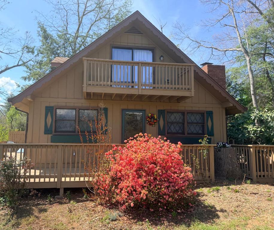 a small house with a balcony and a bush at The Cozy Chalet in Asheville