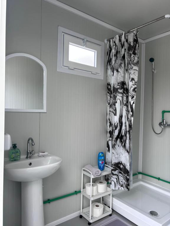 a bathroom with a sink and a shower curtain at A little paradise 2 in Radanovići