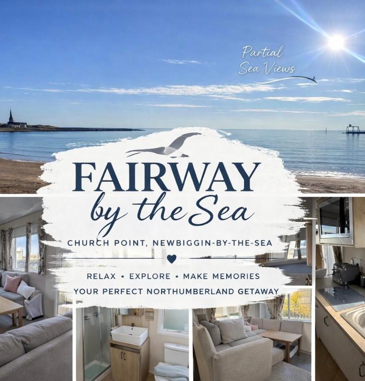 a collage of photos of a house with the ocean at Fairway by the sea in Newbiggin-by-the-Sea