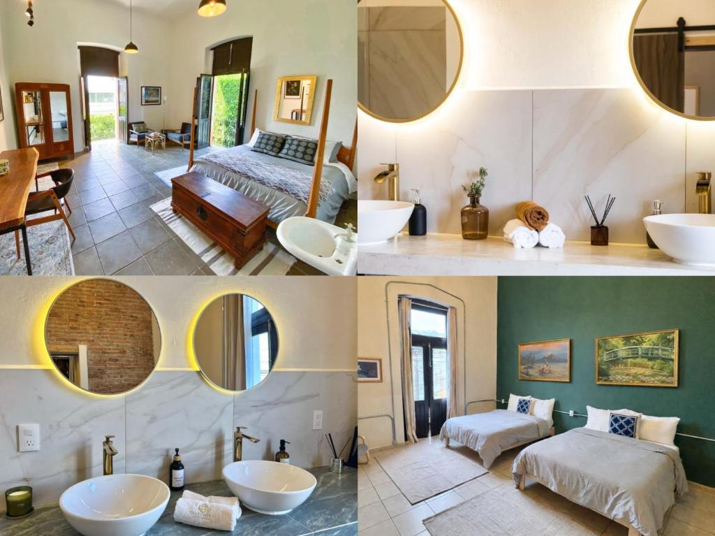 a collage of photos of a bathroom with two sinks at Hotel Casa Ibarra in Acámbaro