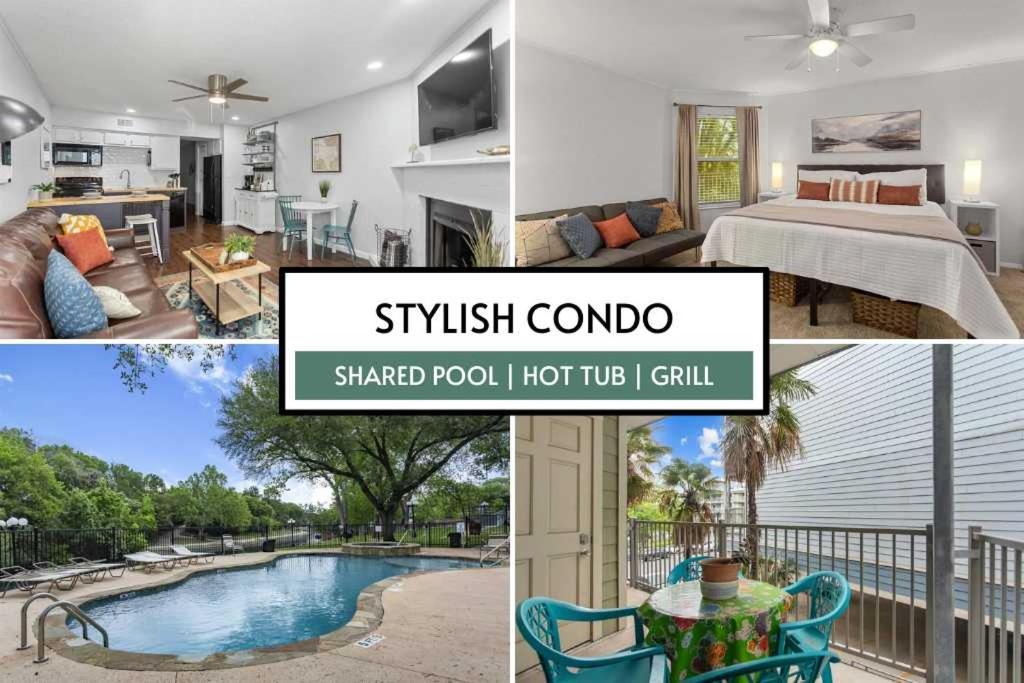 a collage of photos of a home with a swimming pool at Shared Hot Tub & Pool Grill River Access in New Braunfels