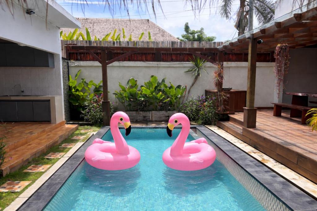 two pink swans floating in a swimming pool at Villa Lumbung sari in Badung