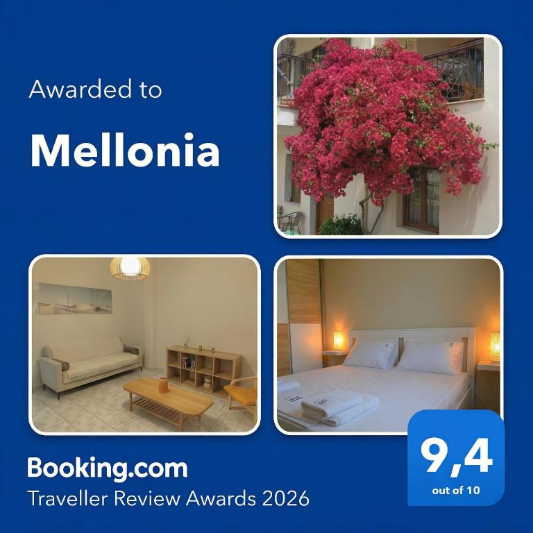 a collage of four pictures of a bedroom and a tree at Mellonia in Nikiti
