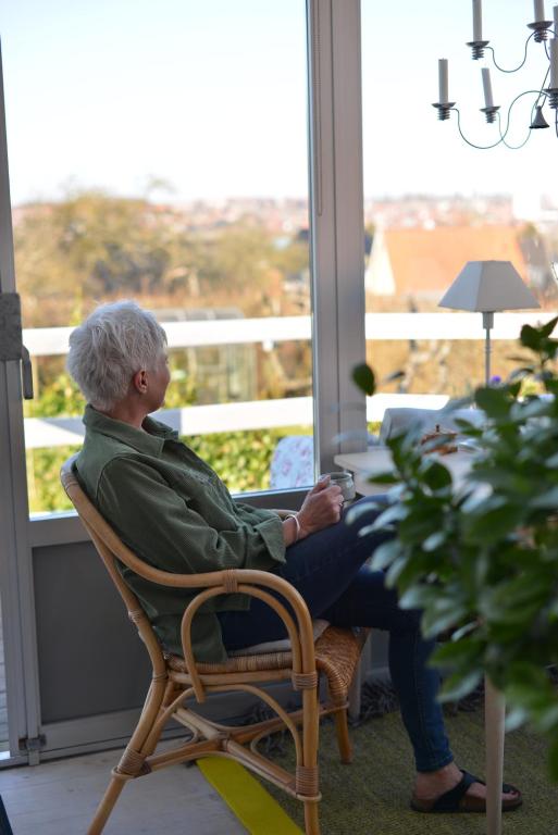 a woman sitting in a chair looking out a window at Charming sunroom with panorama view in Randers