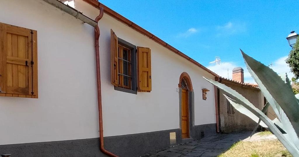 a white house with wooden windows and a pathway at La Salvia in Scansano