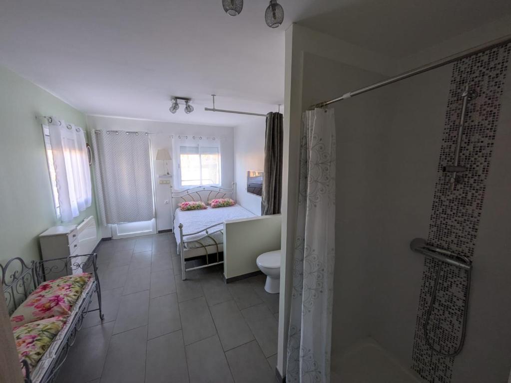 a bathroom with a tub and a bedroom with a bed at Chambre avec petit déjeuner in Condom