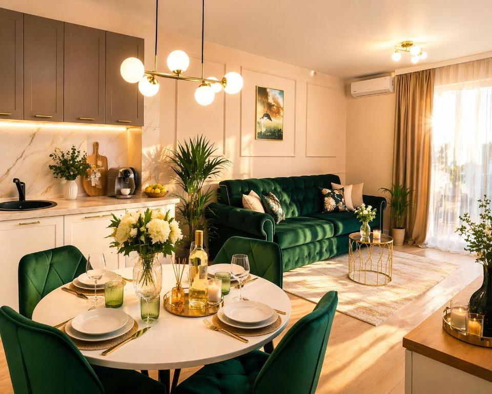 a living room with a table and a green couch at Emerald Apartment On Arena Oradea in Oradea
