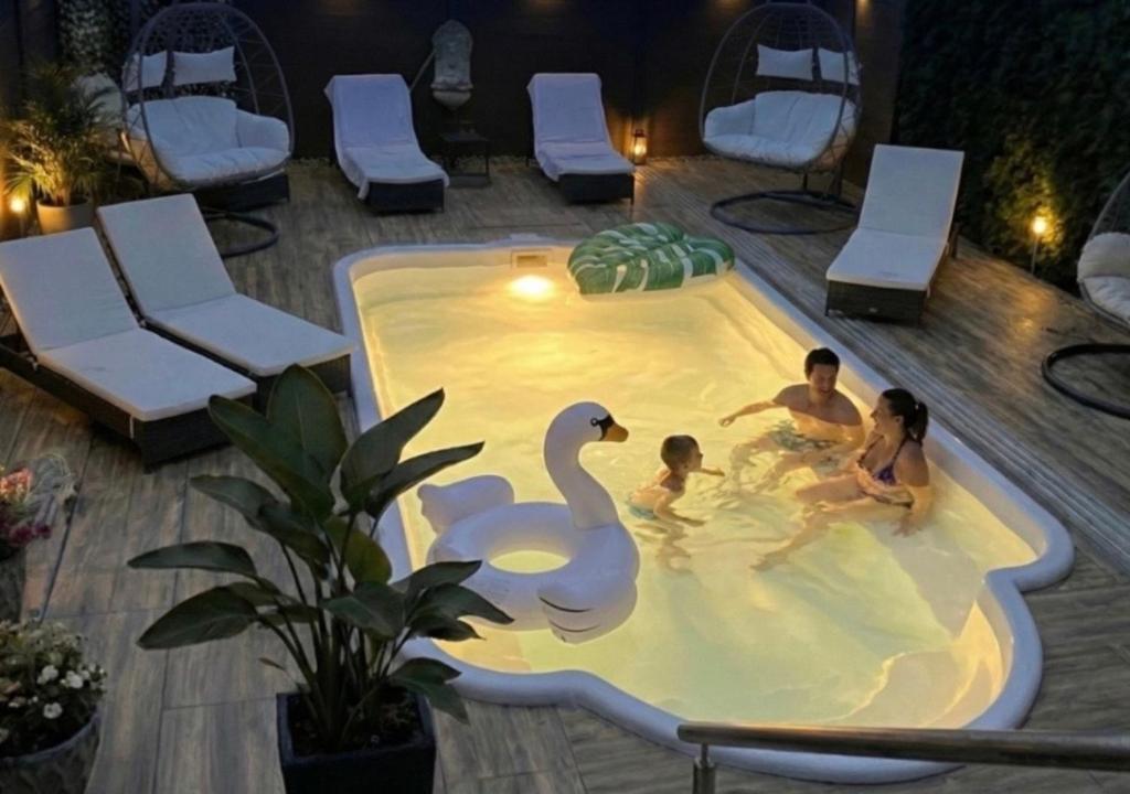 a group of people in a pool with a swan at Wellness -Residenz Ehrhardt Urlaub mit Pool und Garten Ferienwohnung im Herzen von Halberstadt in Halberstadt