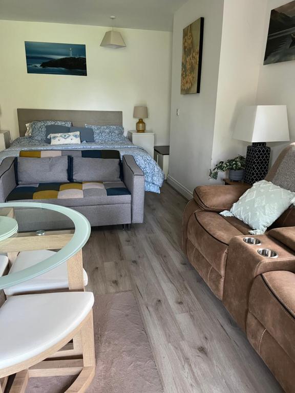 a living room with a bed and a couch at Basement studio apartment in Ballina