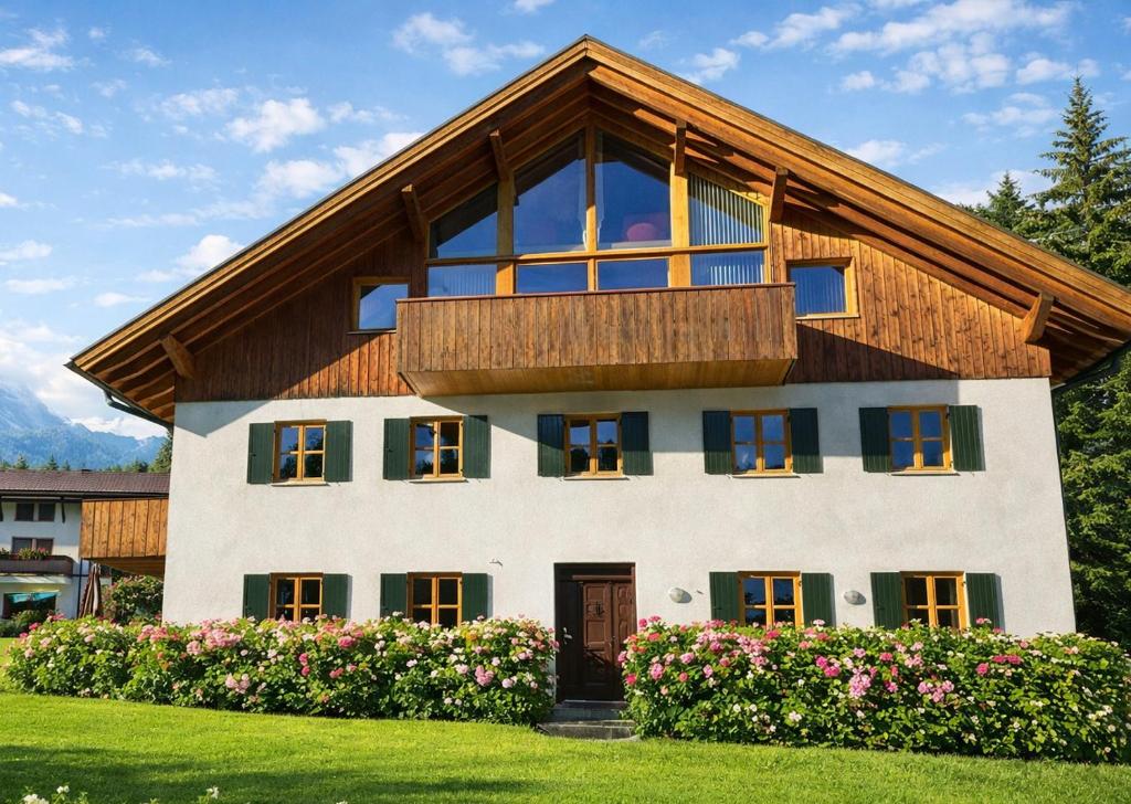 a house with a balcony on top of it at Appartements Berwang Zur Rose in Berwang