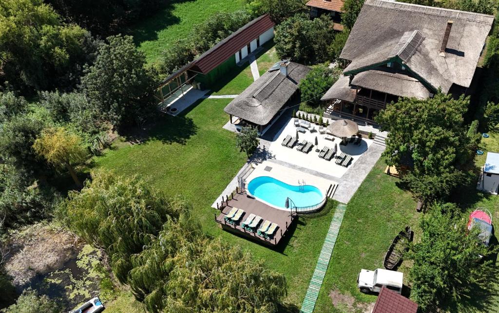 an aerial view of a house with a swimming pool at Morena Mansion in Murighiol