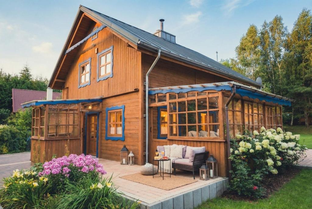 a wooden house with a patio in front of it at Przystanek Jeziorna 49 in Perlino