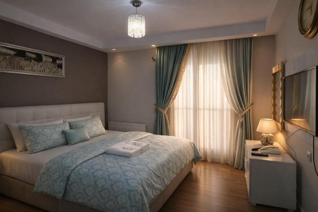 a bedroom with a bed and a large window at Kafaoğlu Otel in Ereğli