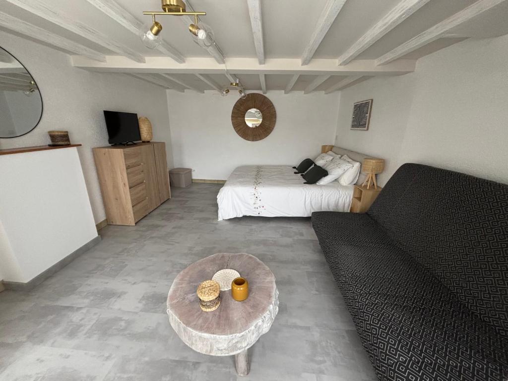 a living room with a bed and a coffee table at Toue de Loire in Chaumont-sur-Loire