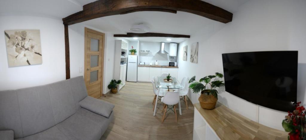 a living room with a couch and a table and a television at Apartamentos California in Béjar