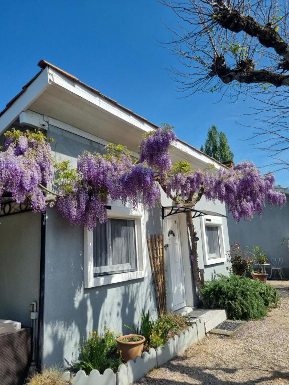 a house with purple wisteria hanging over the door at L'Oustalet classé 2 étoiles in Carbonne