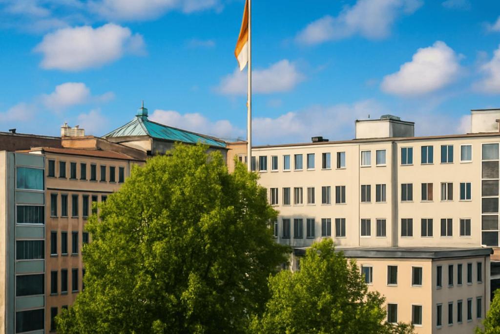 a building with a flag on top of it at Hannover Group Apartment in Hannover