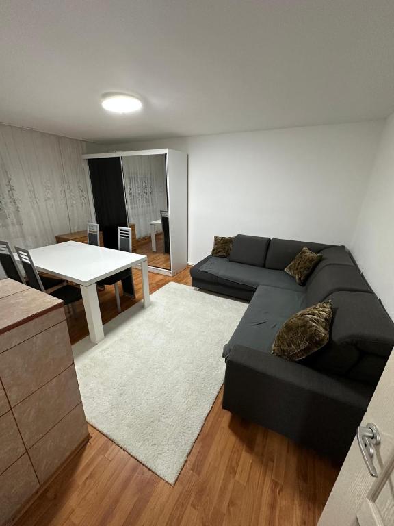 a living room with a black couch and a table at Apartment near Corvin Castle in Hunedoara