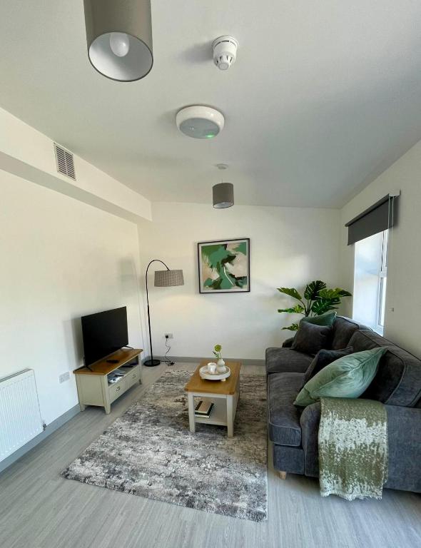 a living room with a couch and a tv at Ridgeways Premium House in Bristol