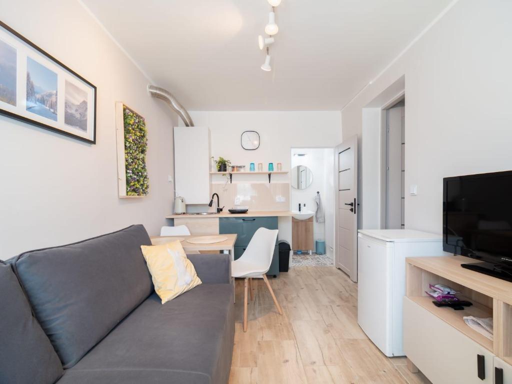 a living room with a couch and a kitchen at Apartament Antoninek in Poznań