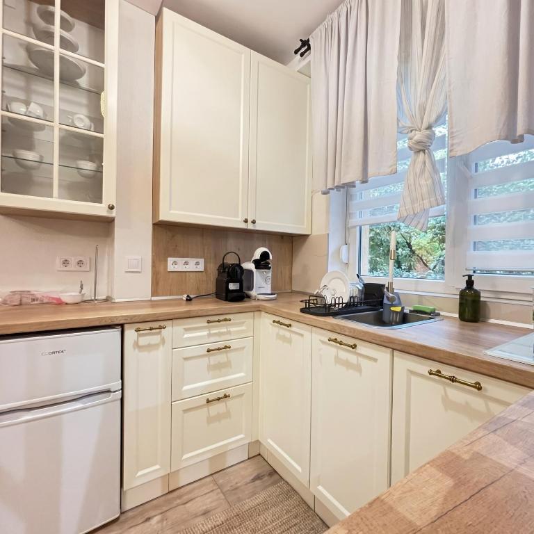 a kitchen with white cabinets and a sink and a window at Dimo Cozy Apartments Chisinau Moldova Centre Airport in Chişinău