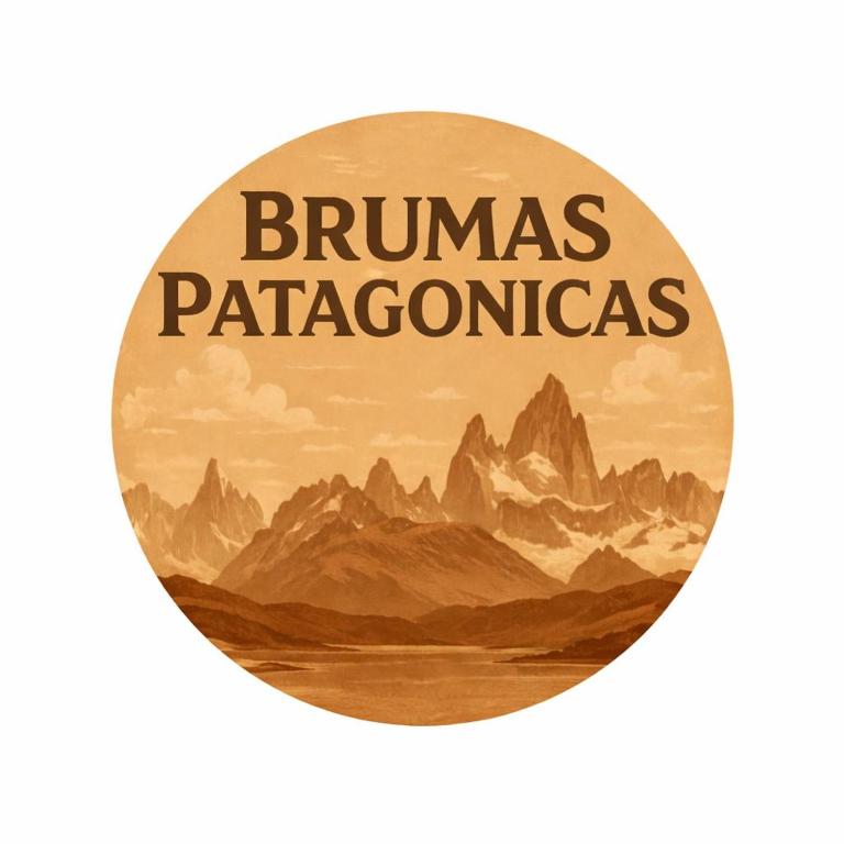 a round sign that says brunamines patagonias with mountains at Brumas Patagónicas in El Chalten