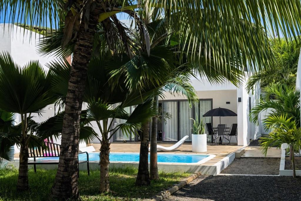 a pool with palm trees in front of a house at Chalet des Roses in Grand-Baie