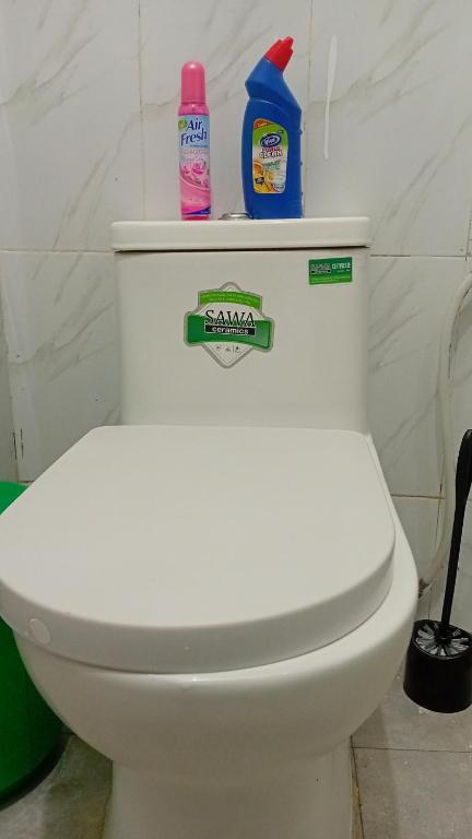 a white toilet with two cleaning products on top of it at Jayson Homes in Thika