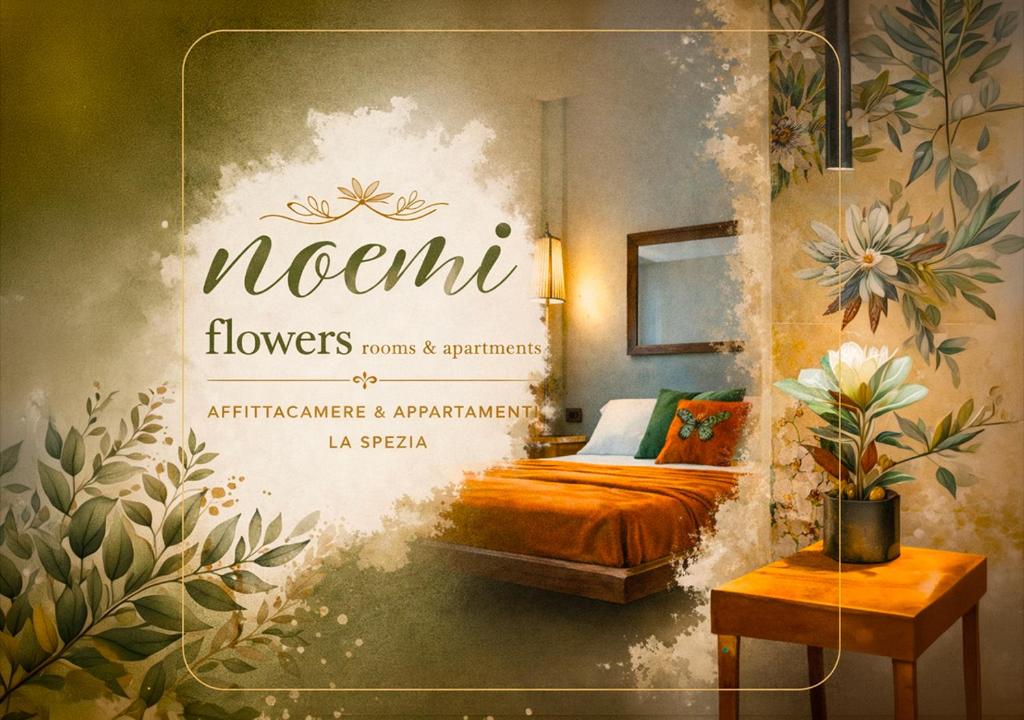 a sign for a room with a bed and flowers at NOEMI chic rooms and apartments in La Spezia
