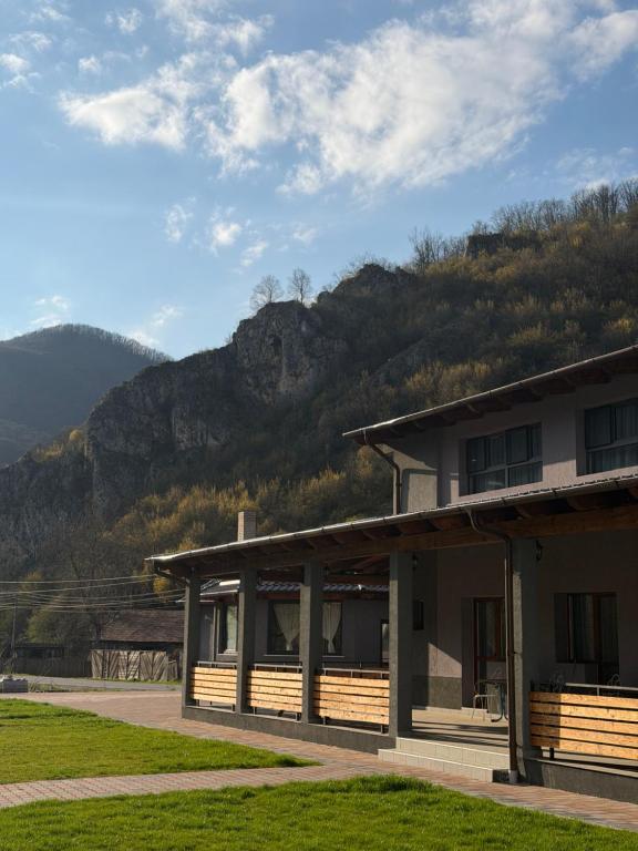 a building with a mountain in the background at Cabana Piatra Buru in Buru