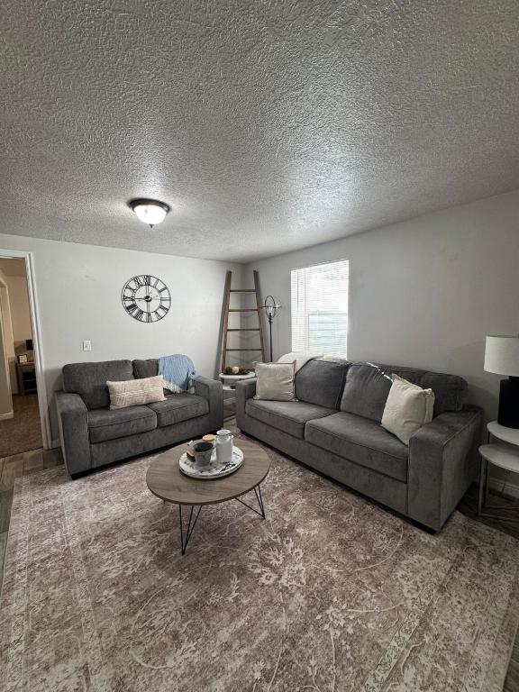 a living room with two couches and a coffee table at Cozy Apt in Downtown Logan in Logan