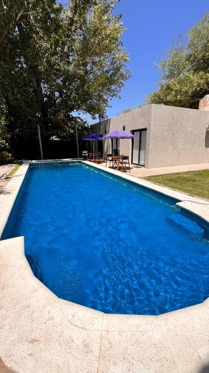 a swimming pool with blue water in front of a building at Piccolo Posto in Neuquén