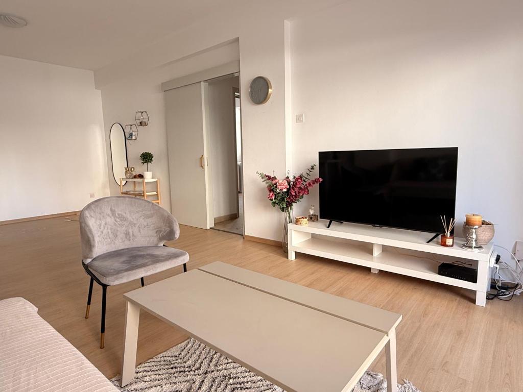 a living room with a television and a chair and a table at Mimosa flat City Cente 2bdr in Nicosia