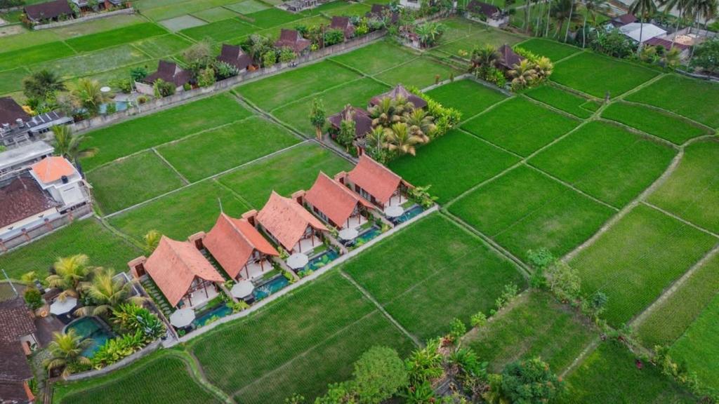 an aerial view of a house with a yard at Santris Villas by GenuineHost in Ubud