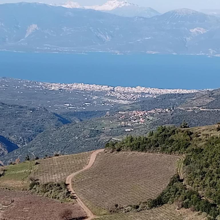 a view of a mountain with a lake in the distance at Studio Lemoni Peloponnese in Pirgákion