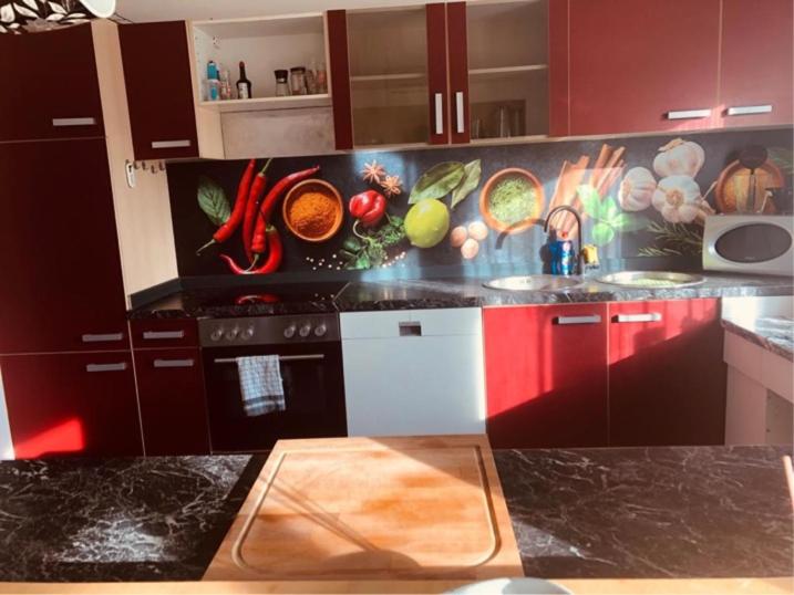 a kitchen with a counter with vegetables on the wall at Pension Nazli Lübeck in Lübeck
